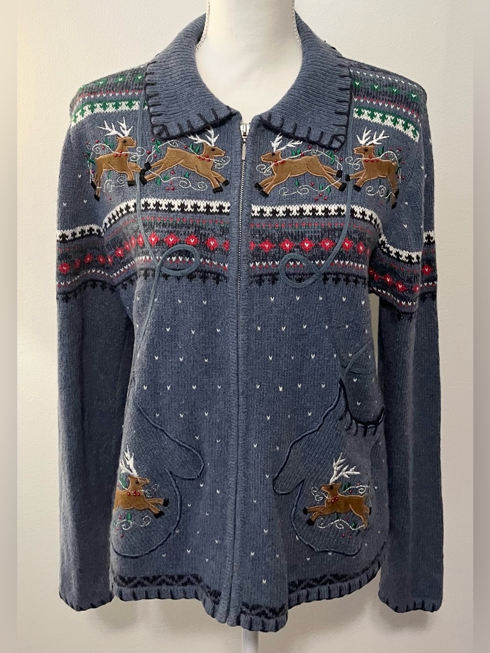 Vintage Designers Originals Studio‎ Fa La La Blue Reindeer Zip Up Sweater. Sz M